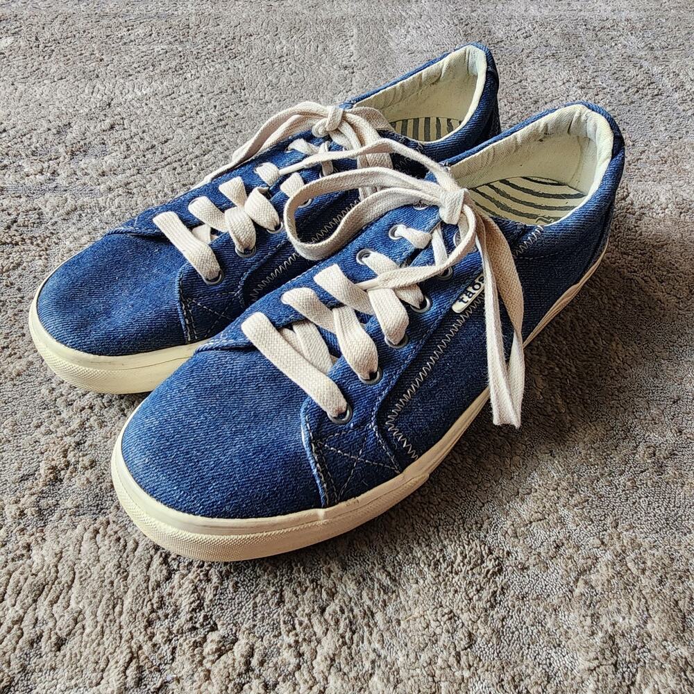 Taos Plim Soul Blue Denim Canvas Women's Sz 11 Side Zip Lace Up Sneakers Casual